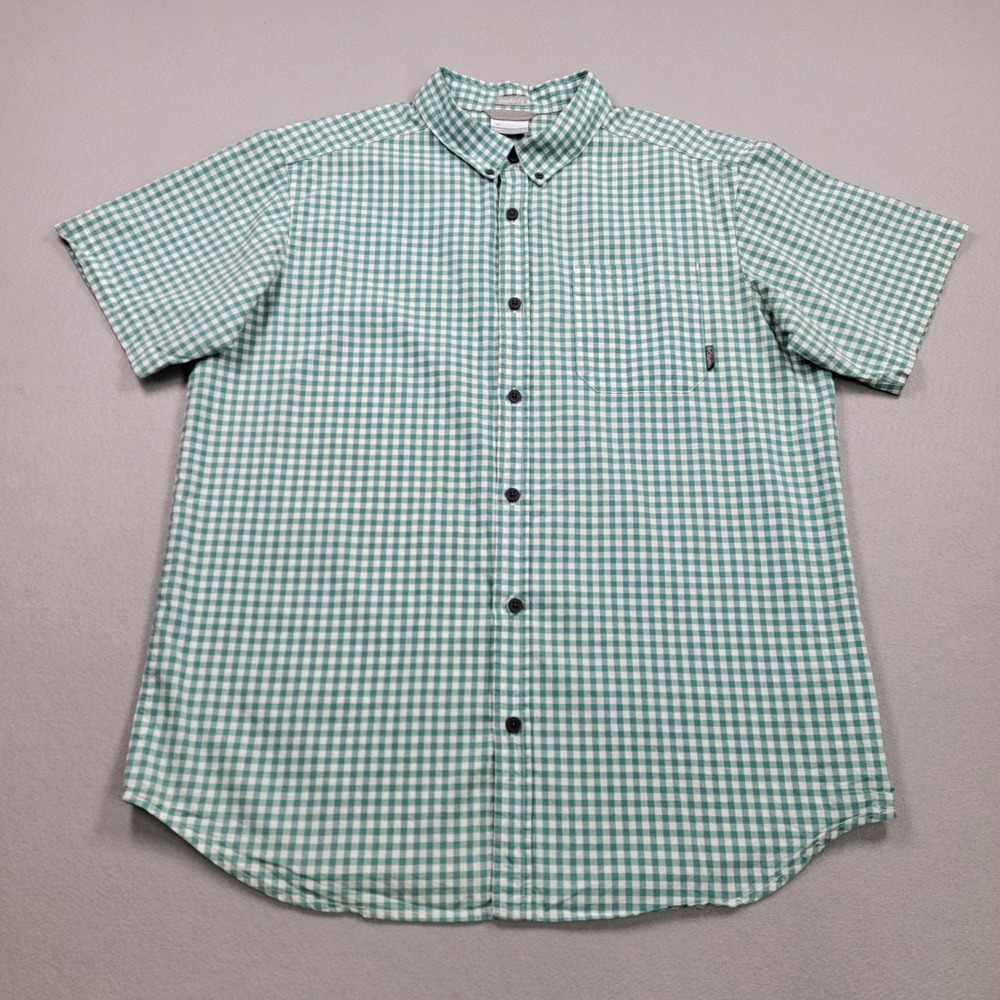 Men's Columbia Gingham Short Sleeve Button Down Shirt, Green, Large, Pre-Owned